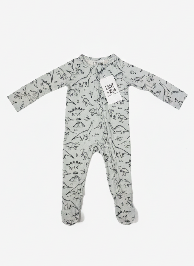 Baby onesie with a dinosaur pattern on a white background